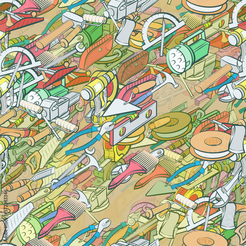 Background pattern abstract design texture. Seamless. Repair. Theme is about woodworking, wedge, building level, repairs, meter, chopping, spinning, heavy tool, sawing, fire tools, painter