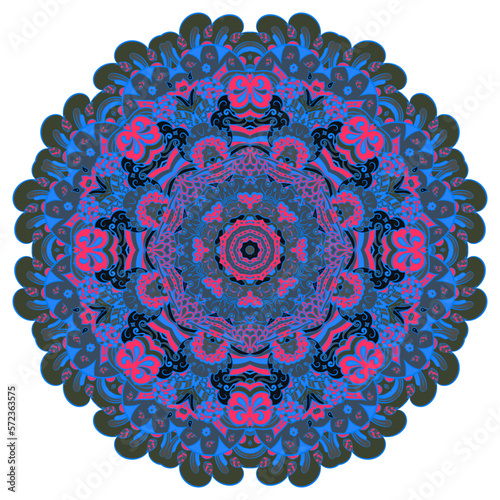 Mandala. Tracery wheel image. Mehndi design. Dark toxic colors. Ethnic doodle art. Curved doodling picture. Vector