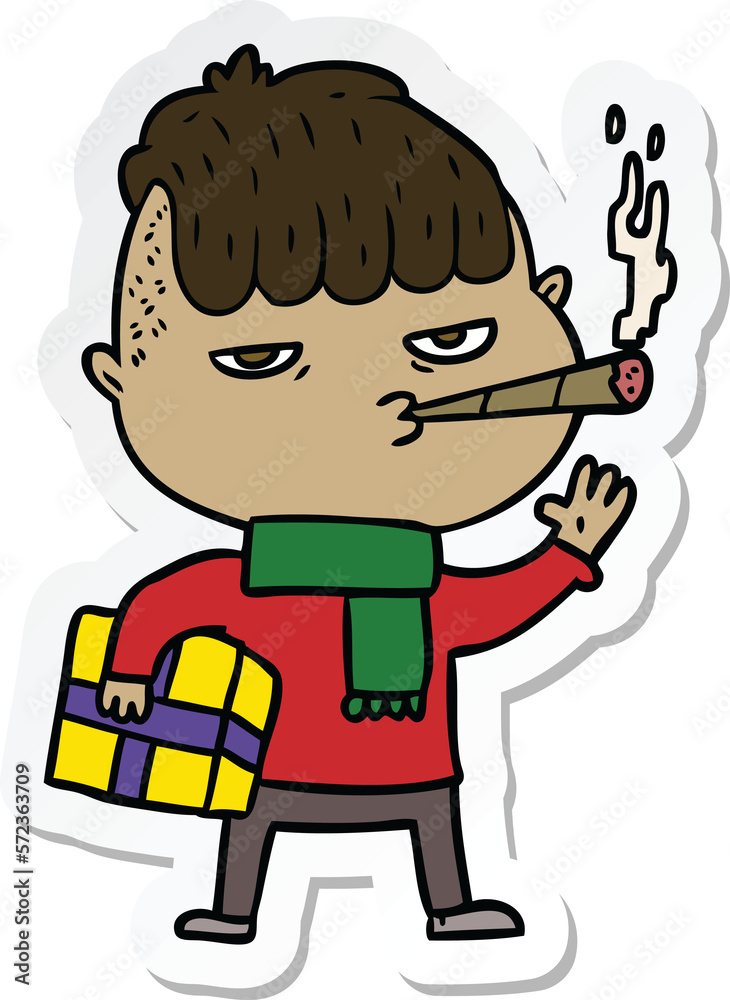 sticker of a cartoon man smoking carrying christmas gift