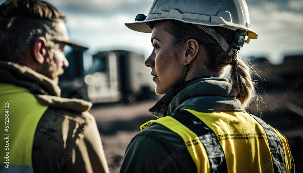 workers on the construction site wearing helmets and yellow vests. generative AI workers on the construction site wearing helmets and yellow vests. generative AI