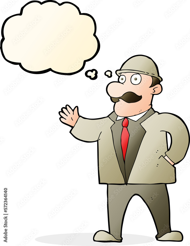 cartoon sensible business man in bowler hat with thought bubble cartoon sensible business man in bowler hat with thought bubble