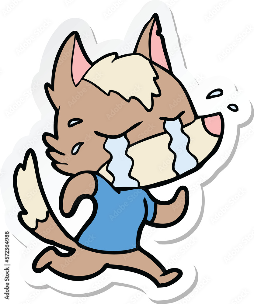 sticker of a cartoon crying wolf running away sticker of a cartoon crying wolf running away