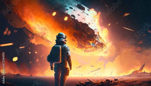 Illustration of an astronaut with a flaming, crashing aircraft in front of them. Generative Ai.