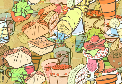 Background pattern abstract design texture. Seamless. Drinks and Snacks. Theme is about drinking straw, saucer, compote, liquids, salad, biscuit, spiral, soda, tartlet, rice, bottle, crab meat