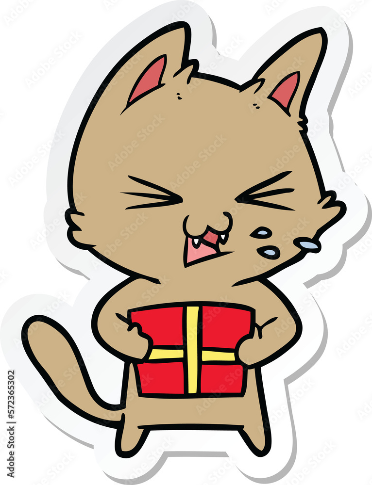 sticker of a cartoon hissing cat with christmas present sticker of a cartoon hissing cat with christmas present