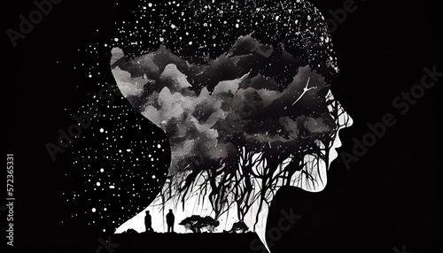 Mental health, depression, sadness, loneliness creative abstract concept. Head silhouette with depression illustration idea inside. Mental illness.