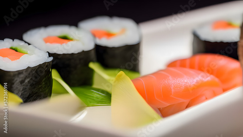 A close-up of a beautifully presented and delicious-looking sushi platter, with sharp details and perfect lighting with Generative AI