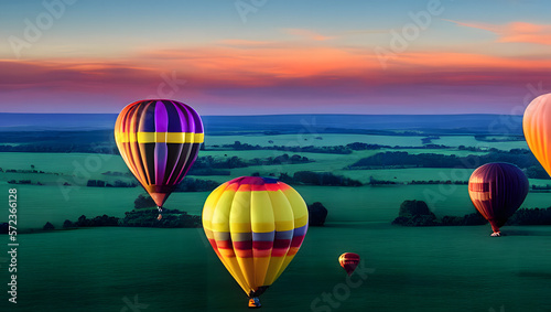 A group of majestic hot air balloons rising against a vibrant and colorful sunset sky, with perfect lighting  with Generative AI
