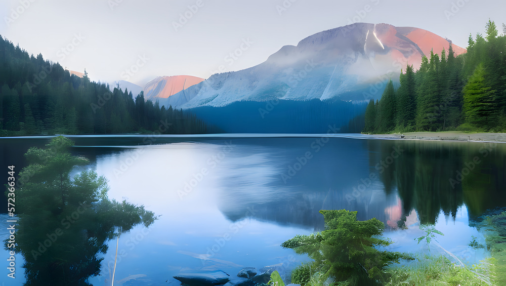 A serene and peaceful mountain lake, with soft, diffused lighting and natural colors to create a calming atmosphere with Generative AI