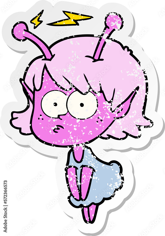 distressed sticker of a cartoon alien girl distressed sticker of a cartoon alien girl