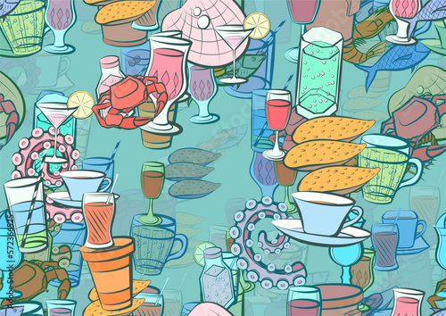 Background pattern abstract design texture. Seamless. Drinks and Seafood. Theme is about drink, cheese, shrimp, squid, bubbles, cardboard, thread, big, mussels, crab, stand, lobster, compote