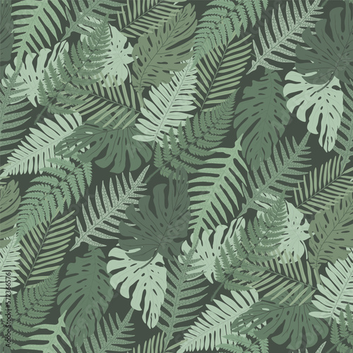 Seamless pattern deep green flat tropical leaves