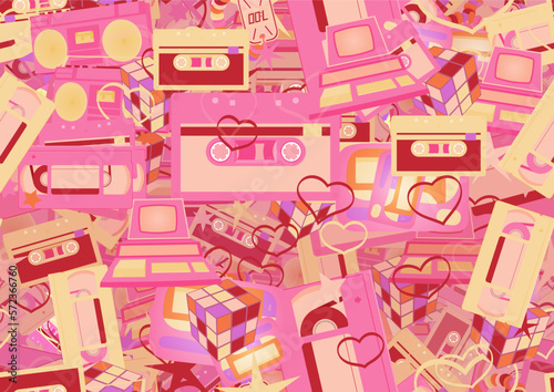 Background pattern abstract design texture. Seamless. Theme is about VHS, commodore, video, retro, 80s, boombox, hearts, magnetola, stars, pager, effects, relations, shapes, clock, computer