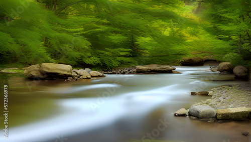 A serene and peaceful river or stream, with soft, diffused lighting and natural colors to create a calming atmosphere with Generative AI