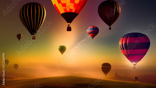 A group of majestic hot air balloons floating over a dreamy and ethereal landscape, with perfect lighting  with Generative AI