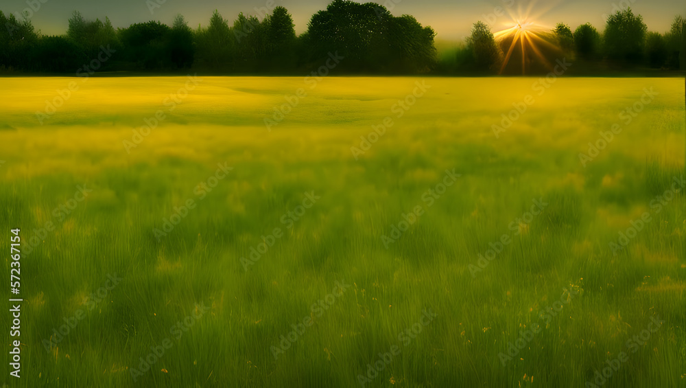 Obraz premium A serene and peaceful meadow or field, with soft, diffused lighting and natural colors to create a calming atmosphere with Generative AI