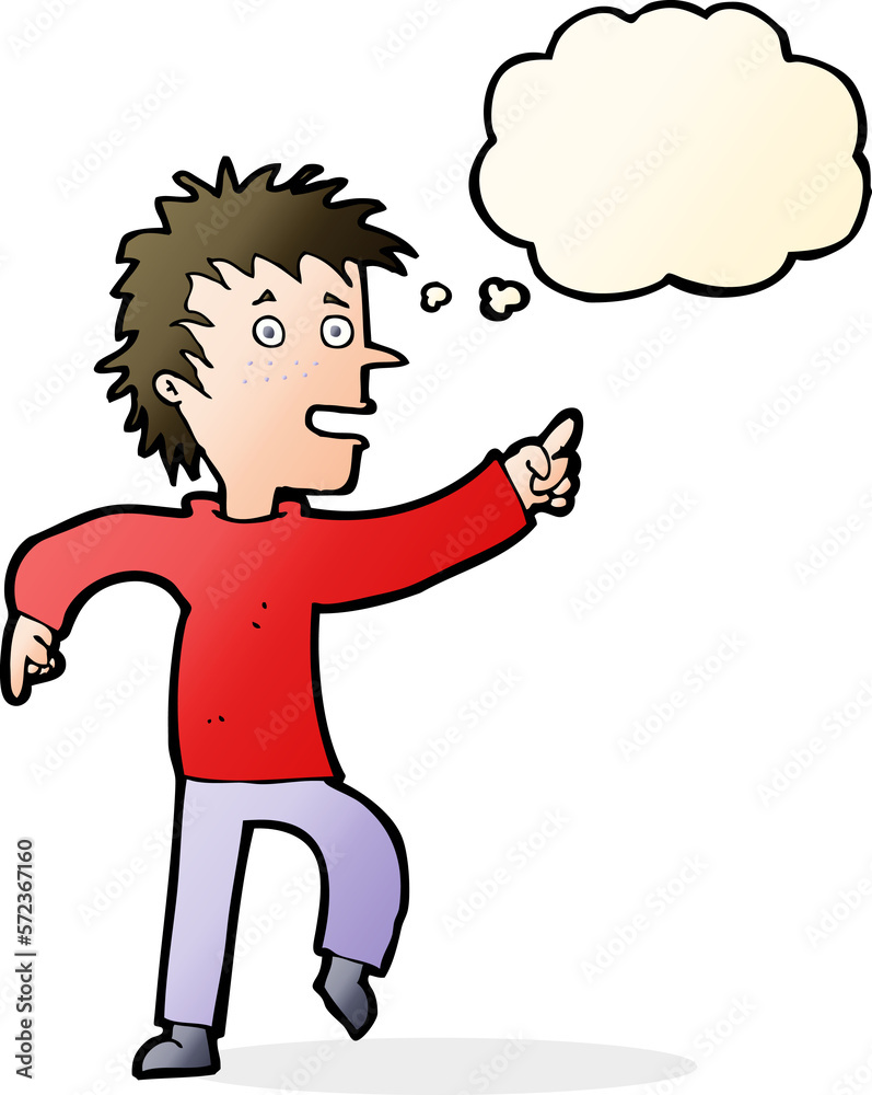 cartoon happy man pointing with thought bubble cartoon happy man pointing with thought bubble