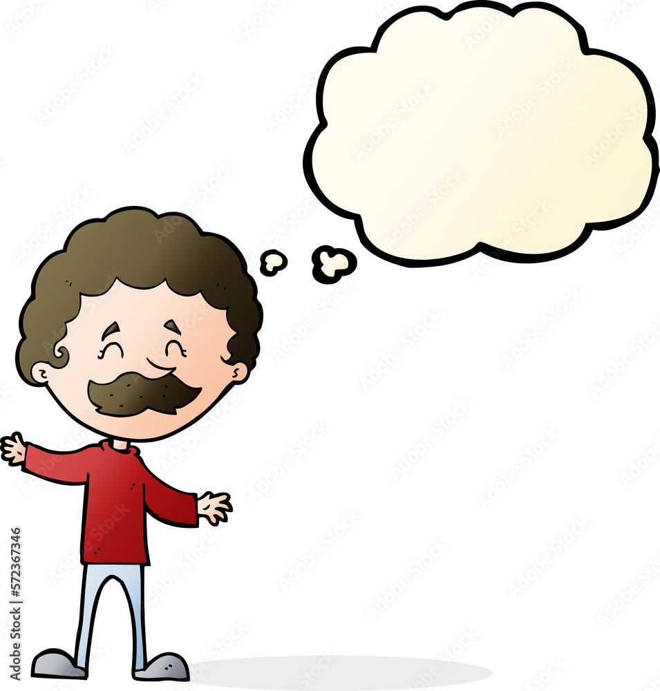 cartoon happy man with mustache with thought bubble