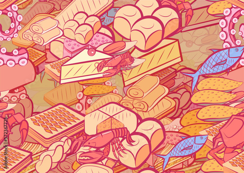 Background pattern abstract design texture. Seamless. Seafood and Bakery products. Theme is about cheesecake, a sandwich, mussels, cherry, roll, baklava, strudel, octopus, yummy, shrimp