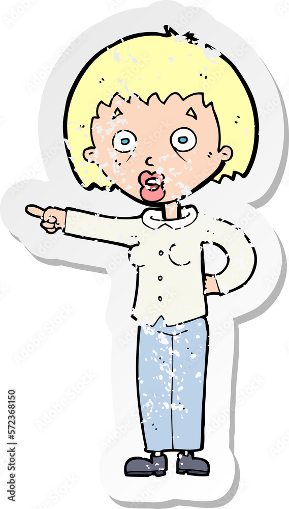 retro distressed sticker of a cartoon shocked woman retro distressed sticker of a cartoon shocked woman