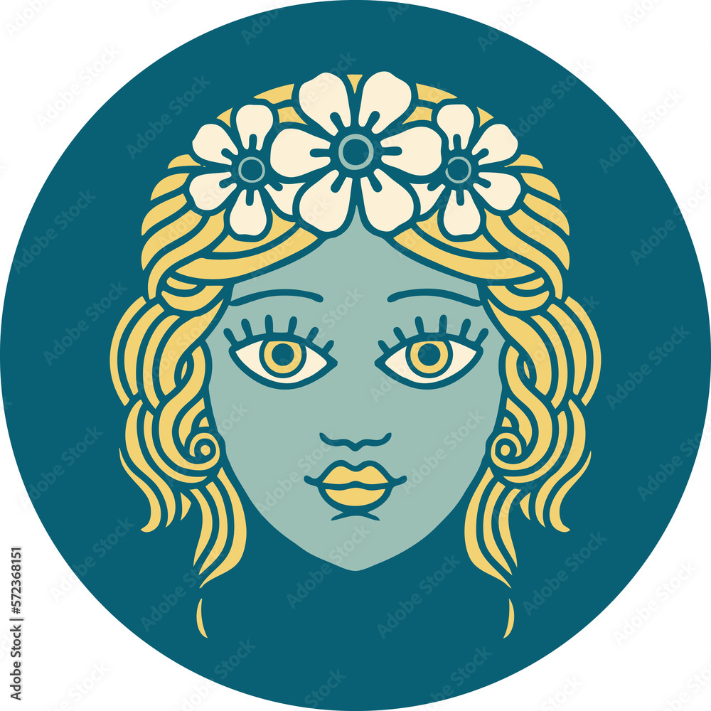tattoo style icon of female face with crown of flowers tattoo style icon of female face with crown of flowers