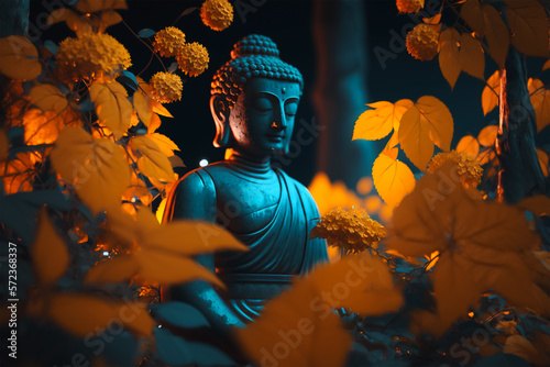 A beautiful statue of Buddha meditating in a peaceful environment. Generative AI photo