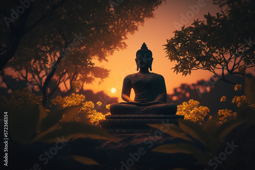 A beautiful statue of Buddha meditating in a peaceful environment. Generative AI © Brijesh