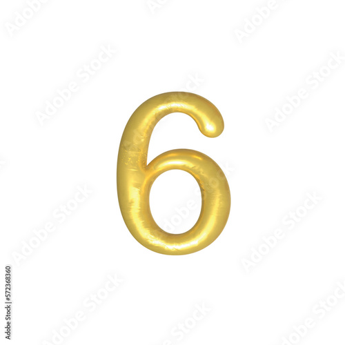 6 number gold isolated. Gold yellow metallic numbers. Foil symbol. Bright metallic 3D, realistic vector illustration 