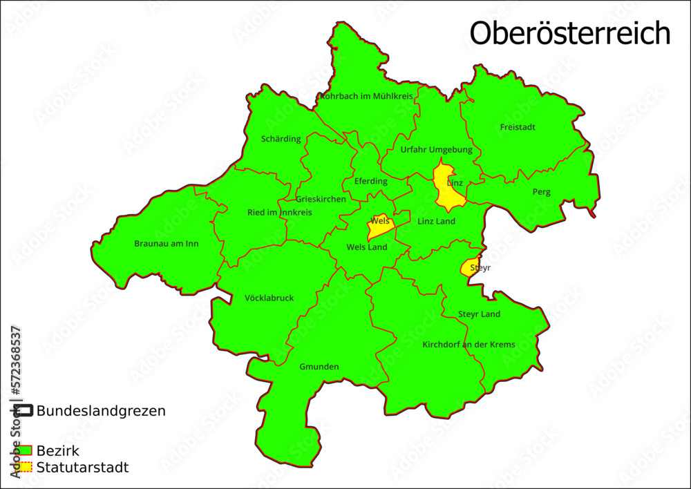 Karte Administrative Gliederung Bundesland Oberösterreich Statutarstadt, Bezirk Österreichkarte