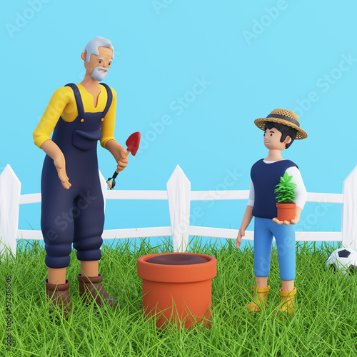 an image of a grandfather teaching his grandson how to plant trees warmly in the spring. 3D image Use of family activities
