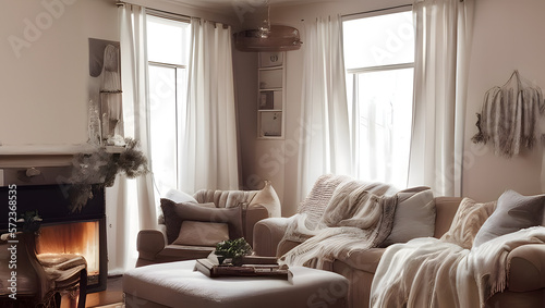 An inviting and cozy living room, with perfect lighting and sharp details to emphasize its comfort and warmth with Generative AI