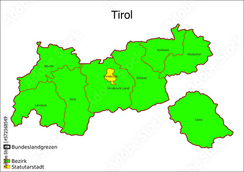 Karte Administrative Gliederung Bundesland Tirol Statutarstadt, Bezirk Österreichkarte