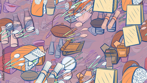 Background pattern abstract design texture. Seamless. Japanese food and Cutlery. Theme is about Potato Maker, spoon, whisk, wok, potato peeler, bottles, soba, sushi-roll, delivery, water bottles