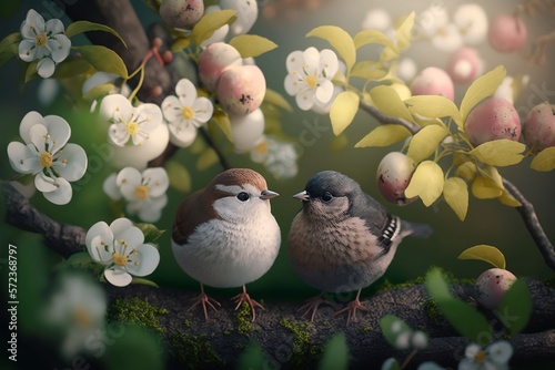 Sunny Spring Apple Tree Blossoms with Little Funny Birds and Chicks.