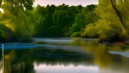 A tranquil and serene river scene  with perfect lighting and sharp details to capture the peacefulness and natural beauty with Generative AI