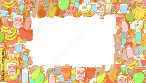 Background pattern abstract design texture. Fruits and Drinks. Border frame, transparent background. Theme is about cardboard, bottle, citrus, cocktail, whole, orange, lemon, cup, plastic