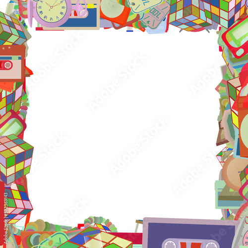 Background pattern abstract design texture. Border frame, transparent background. Theme is about classic, candy watches, pager, sweets, VHS, boombox, video, 80s, cassette, audio, magnetola