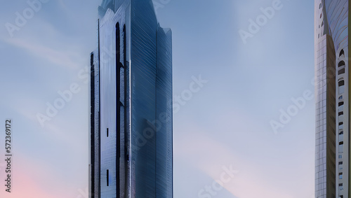 An impressive and imposing skyscraper, with perfect lighting and sharp details to emphasize its height and architectural beauty with Generative AI