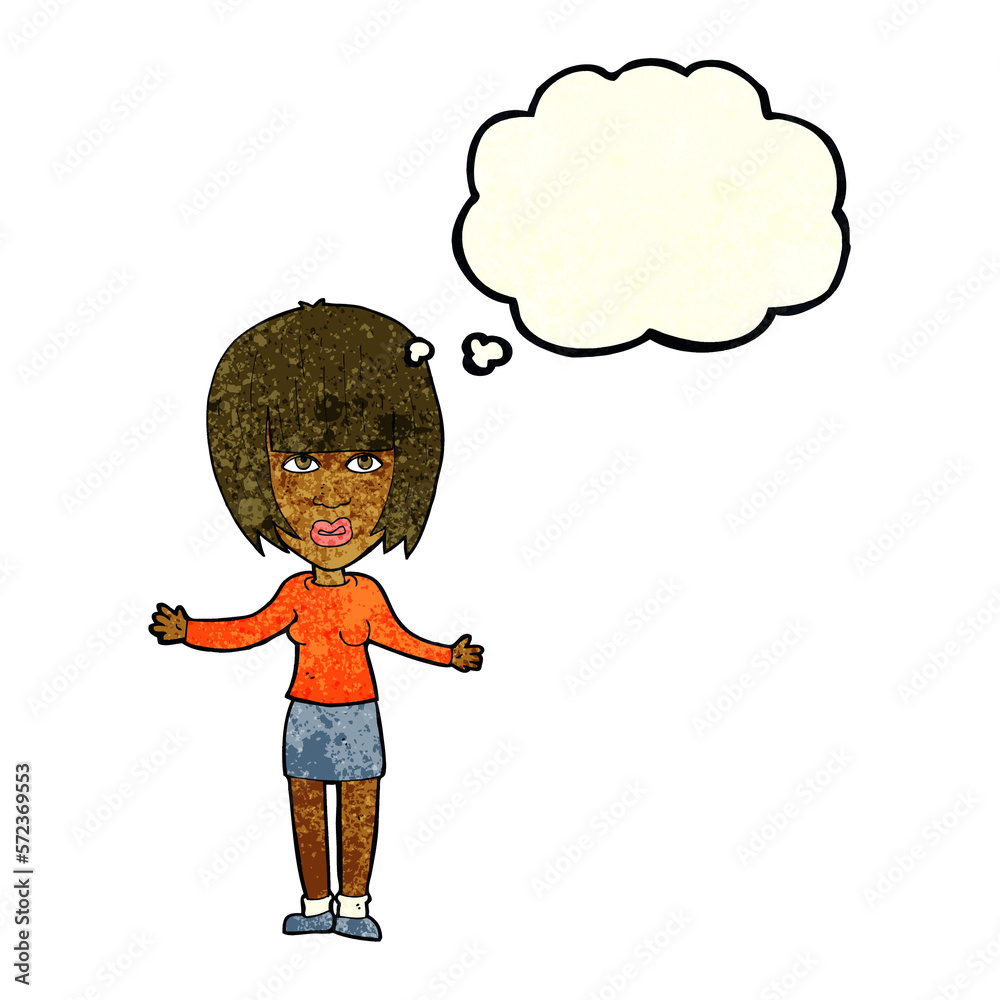 cartoon woman shrugging shoulders with thought bubble cartoon woman shrugging shoulders with thought bubble