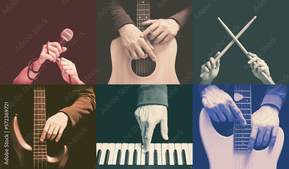 six parts of musician hands playing musical instrument. music background - obrazy, fototapety, plakaty 
