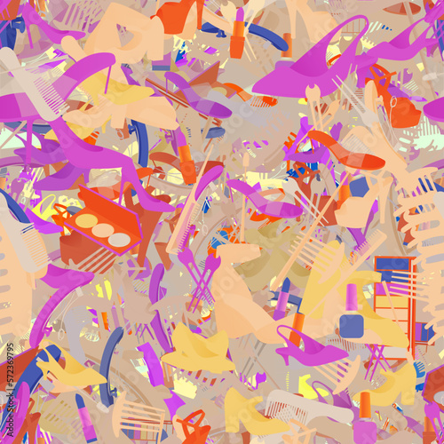 Background pattern abstract design texture. Seamless. Theme is about barrette, maquillage, comb, raker, elegant, pomade, powder, hairstyle, season, slip, footwear, hairpin, glamour, flip-flops