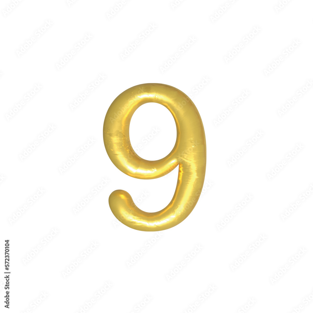9 number gold isolated. Gold yellow metallic numbers. Foil symbol. Bright metallic 3D, realistic vector illustration
9 number gold isolated. Gold yellow metallic numbers. Foil symbol. Bright metallic 3D, realistic vector illustration