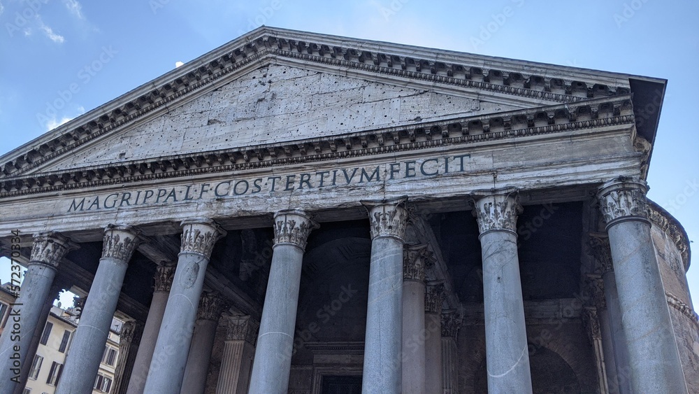 Rome, Italy. Front exterior of Pantheon ancient roman building with pillars columns. Rotunda square (Piazza della Rotonda) 