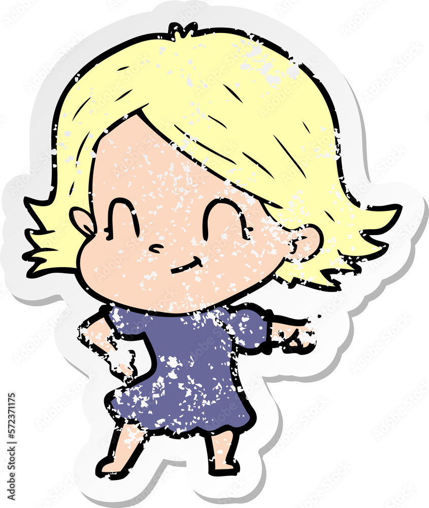 distressed sticker of a cartoon friendly girl distressed sticker of a cartoon friendly girl