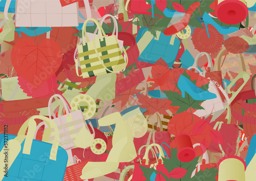 Background pattern abstract design texture. Seamless. Theme is about beauty, footwear, content, stitch, slingback shoes, walking shoes, apple, tailor, scissors, Laptop Backpack, knit, buckle