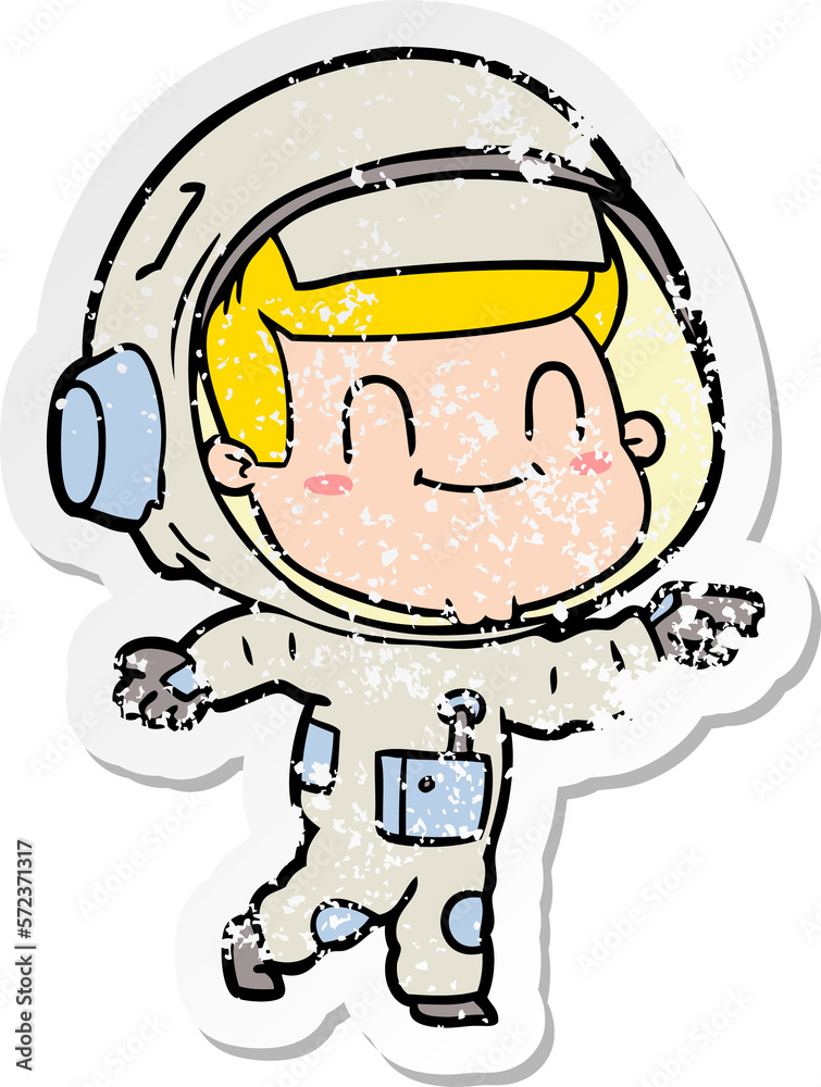distressed sticker of a happy cartoon astronaut man distressed sticker of a happy cartoon astronaut man