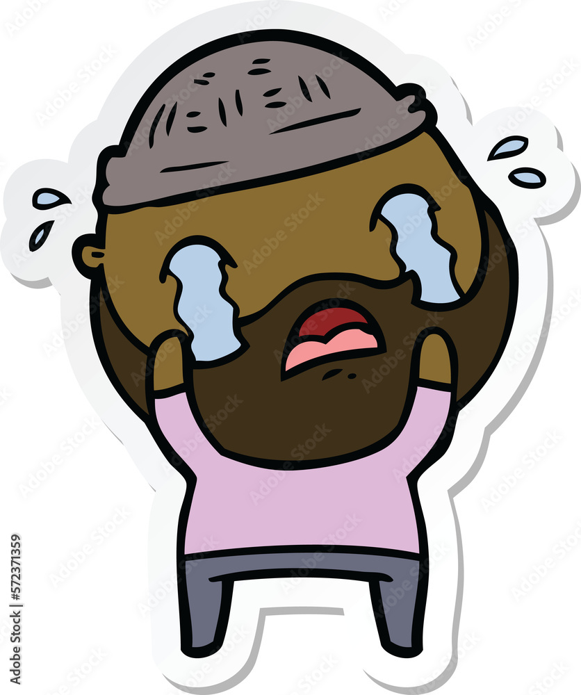 sticker of a cartoon bearded man crying