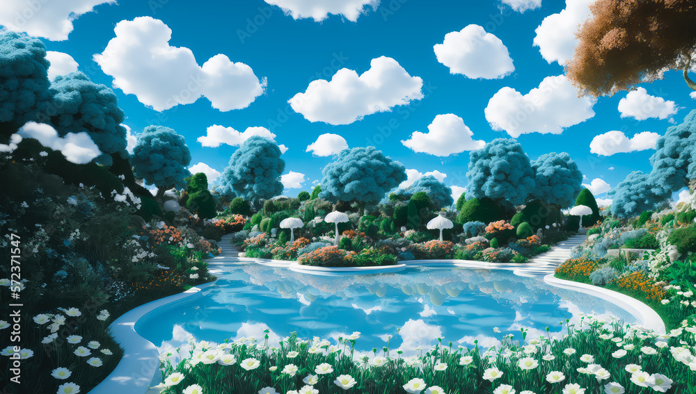 Surreal lush garden landscape with white clouds teal sky on sunny day and cozy atmospheric, heaven panorama park and landscape with a pond and trees with sky, tropical island in the sea. generative ai