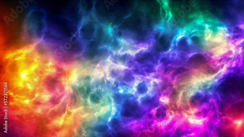Space nebula illustration with rainbow colors and shapes. Ideal for cosmic-themed banners, backgrounds, wallpapers, and covers. Generative AI illustrations.