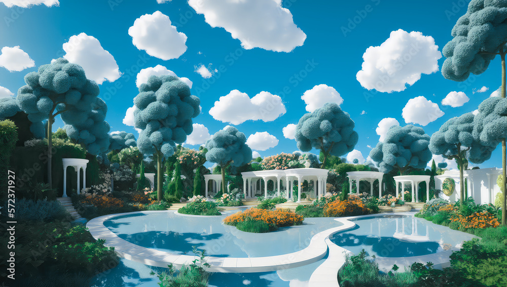 Surreal lush garden landscape with white clouds teal sky on sunny day and cozy atmospheric, heaven panorama park and landscape with a pond and trees with sky, tropical island in the sea. generative ai